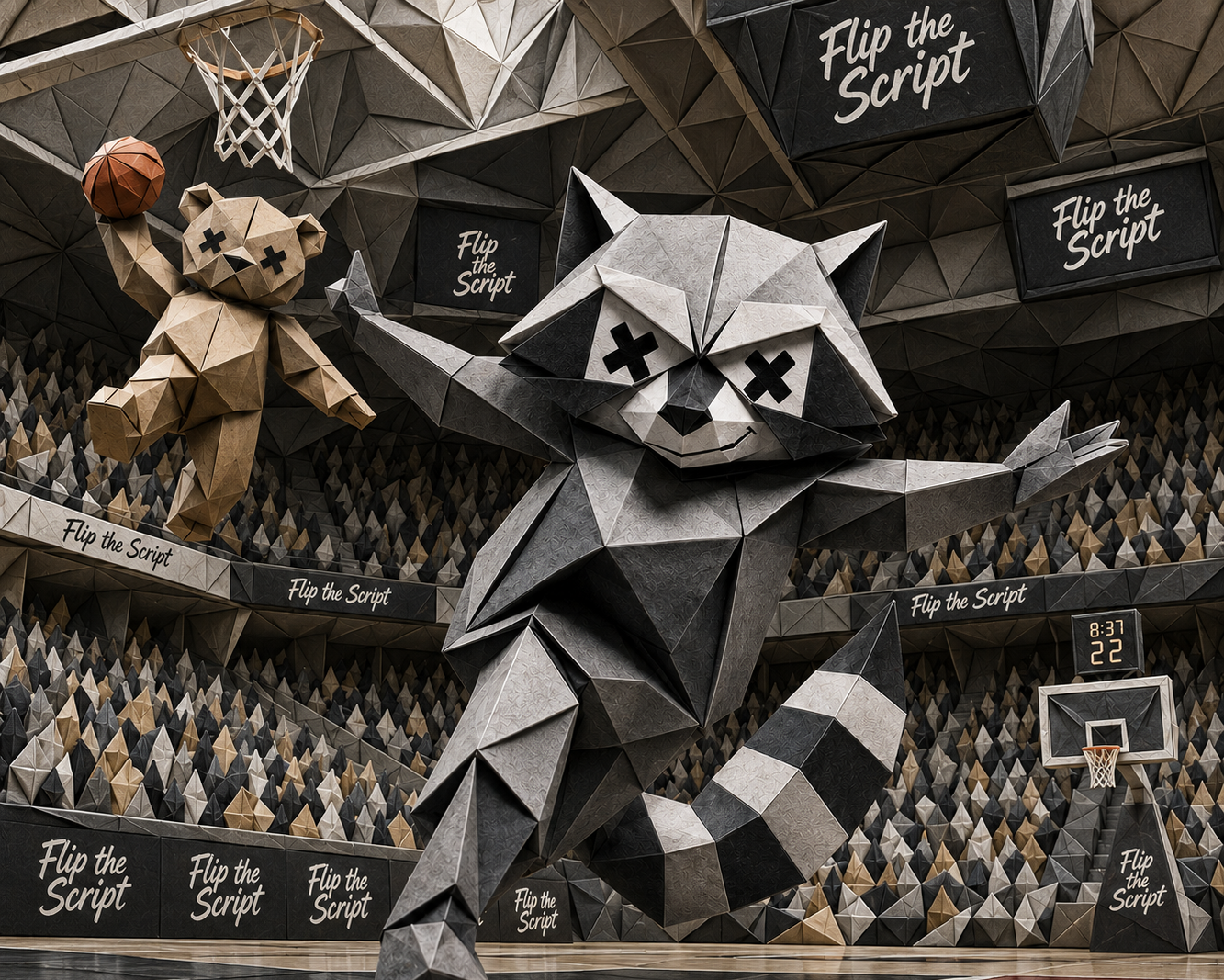 Geometric raccoon character in a basketball-themed setting with 'Flip the Script' text.