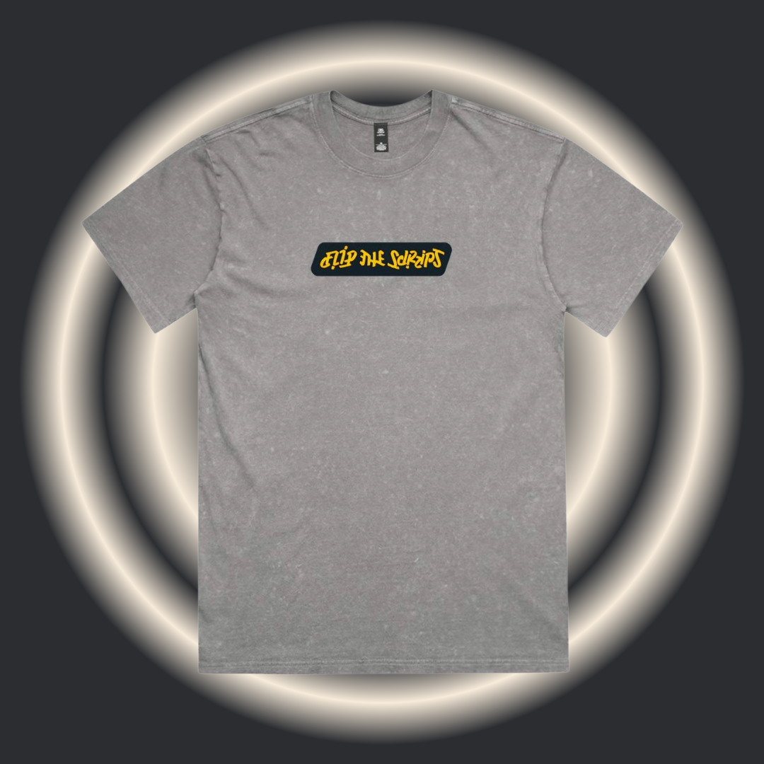 Noisy Halftone Straight-Line Signature Logo  - Oversized Stonewash Grey Tee