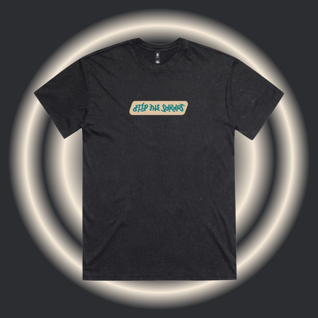 Noisy Halftone Straight-Line Signature Logo - Oversized Stonewash Black Tee