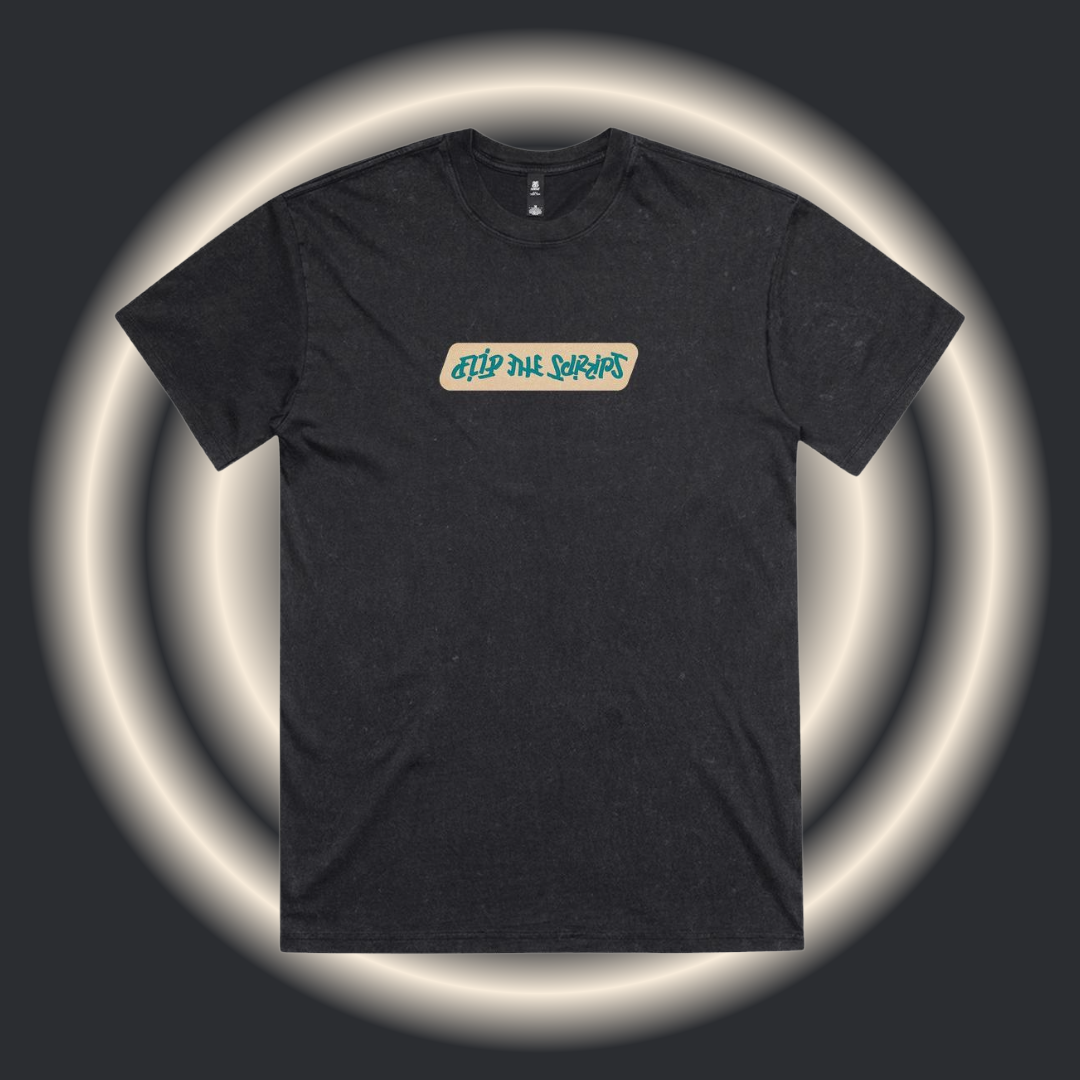 Noisy Halftone Straight-Line Signature Logo - Oversized Stonewash Black Tee